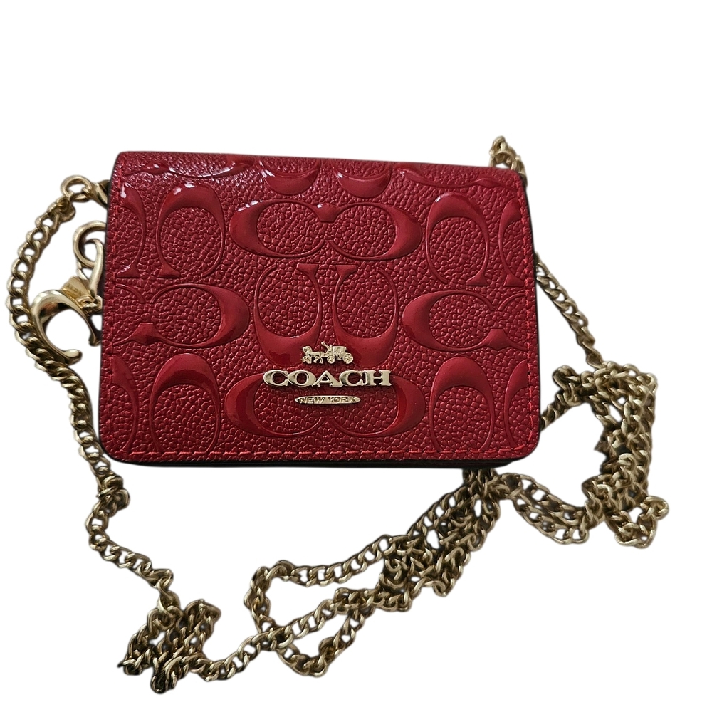 Coach Embossed Red Crossbody Bag with Gold Chain